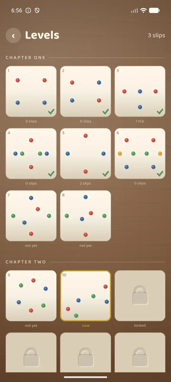 The level select: chapters of puzzles, with solved, open and locked cells.