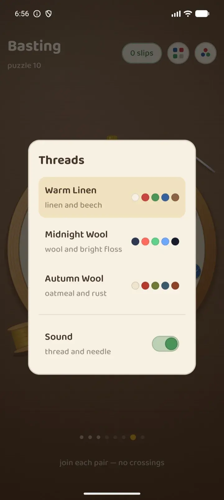 The Threads sheet: Warm Linen, Midnight Wool and Autumn Wool palettes, and the sound switch.