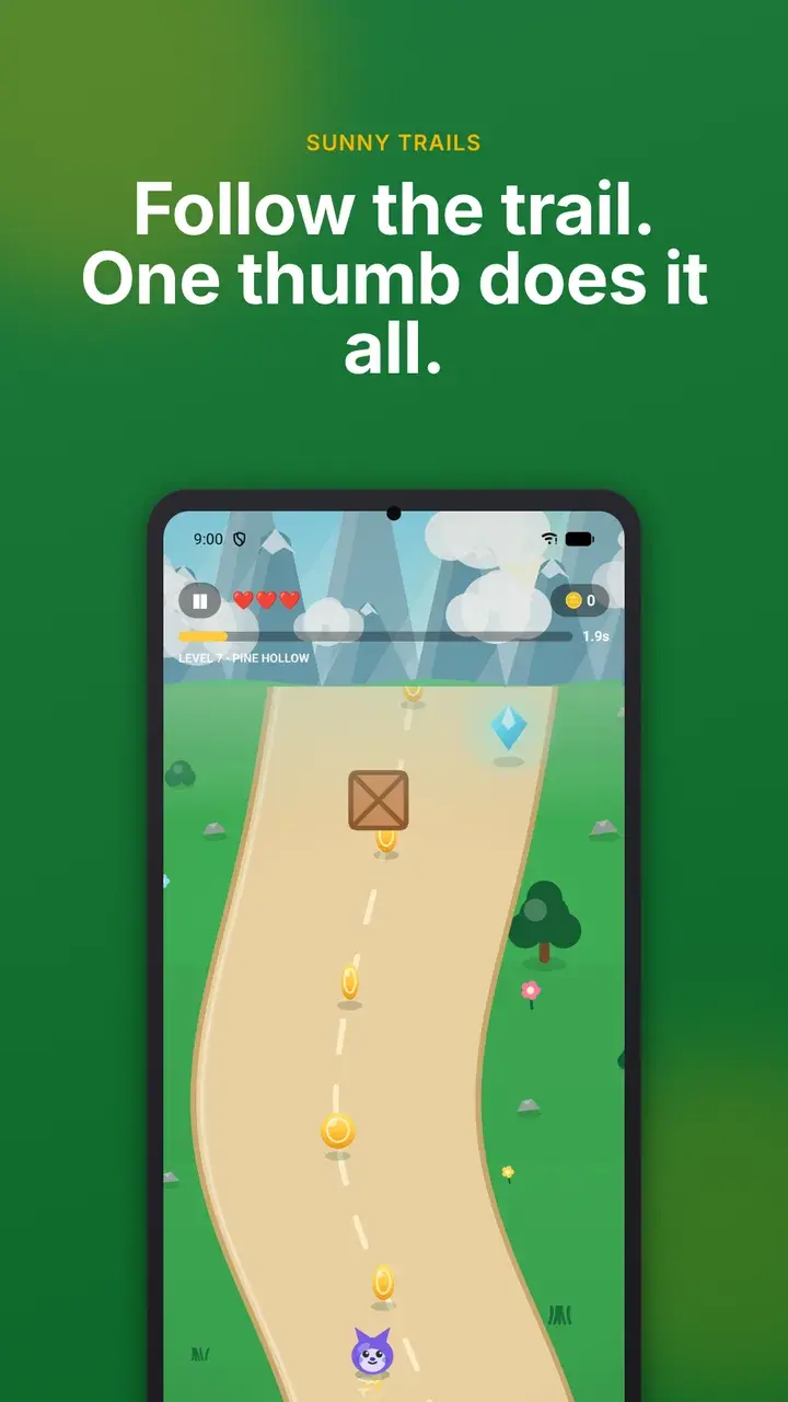 Mid-run in Pine Hollow: the runner on a sandy trail with a crate ahead, a gem, three hearts and the level progress bar.