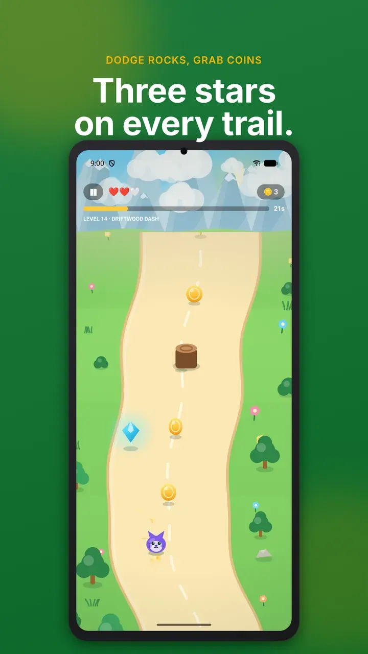Mid-run in Driftwood Dash: a log on the path, a gem, coins and two hearts left.