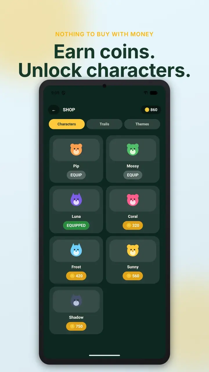 The shop on two phones: the Characters tab with Luna equipped and the Trails tab with Sparkle equipped, prices in coins.