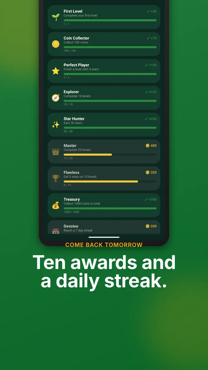 The Awards screen: ten awards with progress bars, seven of them done.