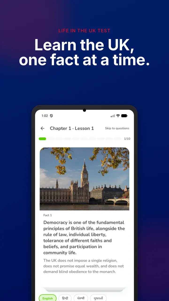 The Learn tab: a fact card with a photograph, and the chapter deck behind it.