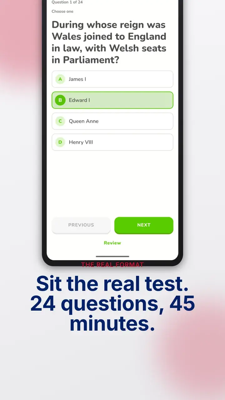 A mock test in progress: the timer, the question counter and four options.